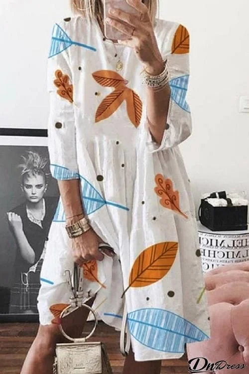 Leaf Print Seven Sleeve Dress