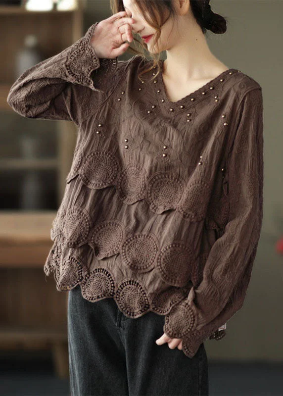 Plus Size Coffee Casual Embroideried Hollow Out Fall Long sleeve Shirt Tops