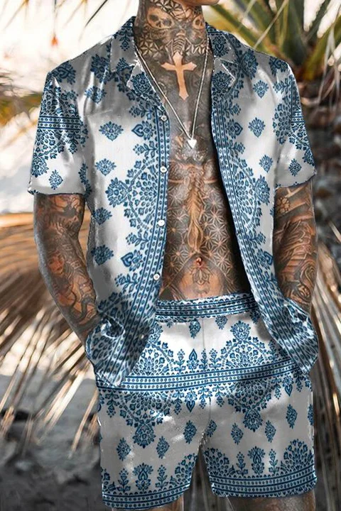 Tiboyz Men‘s Outfits Blue Print Shirt And Shorts Beach Two Piece Set