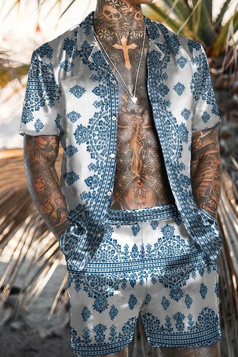 Tiboyz Men‘s Outfits Blue Print Shirt And Shorts Beach Two Piece Set