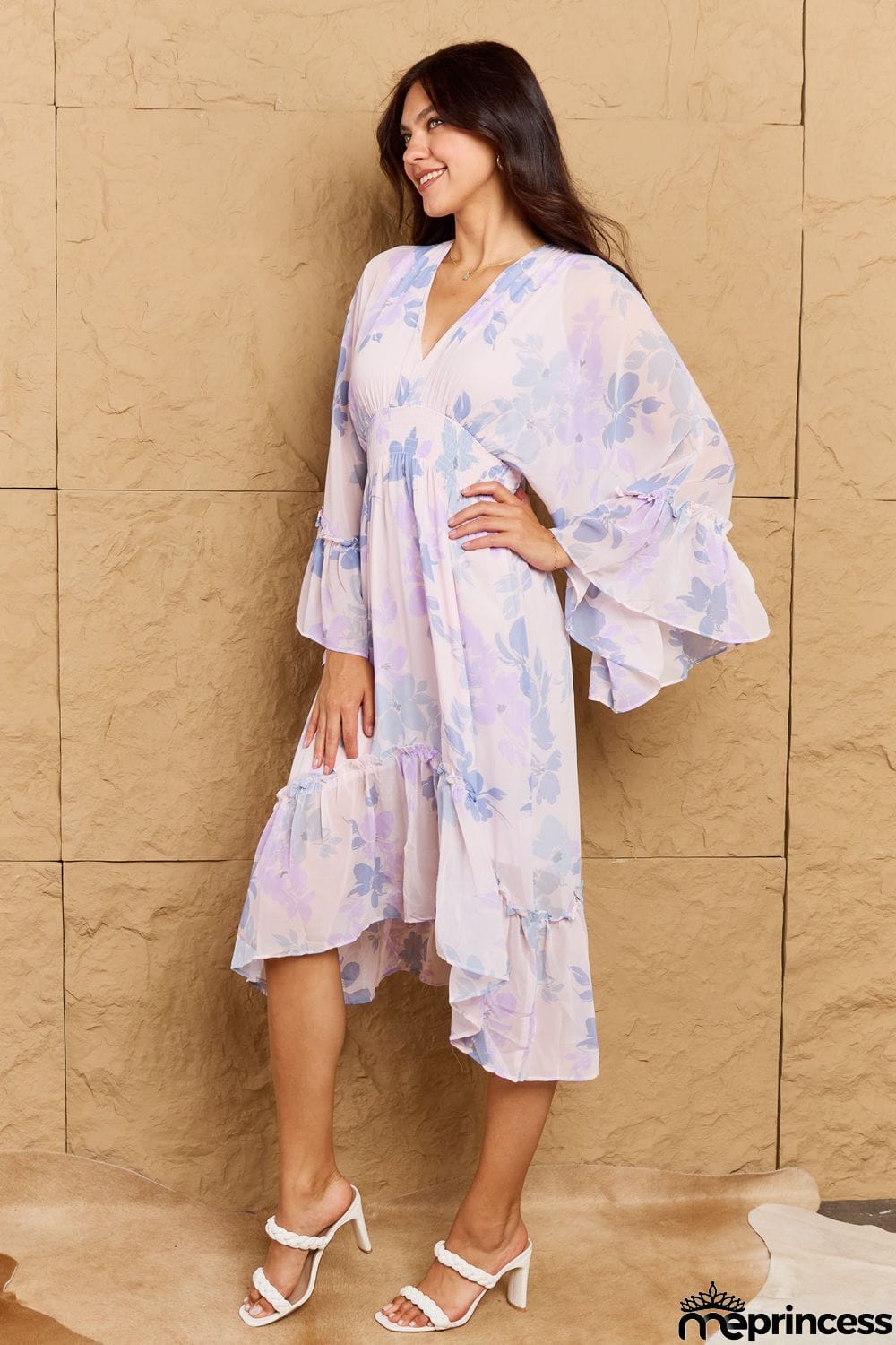 OneTheLand Take Me With You Floral Bell Sleeve Midi Dress in Blue