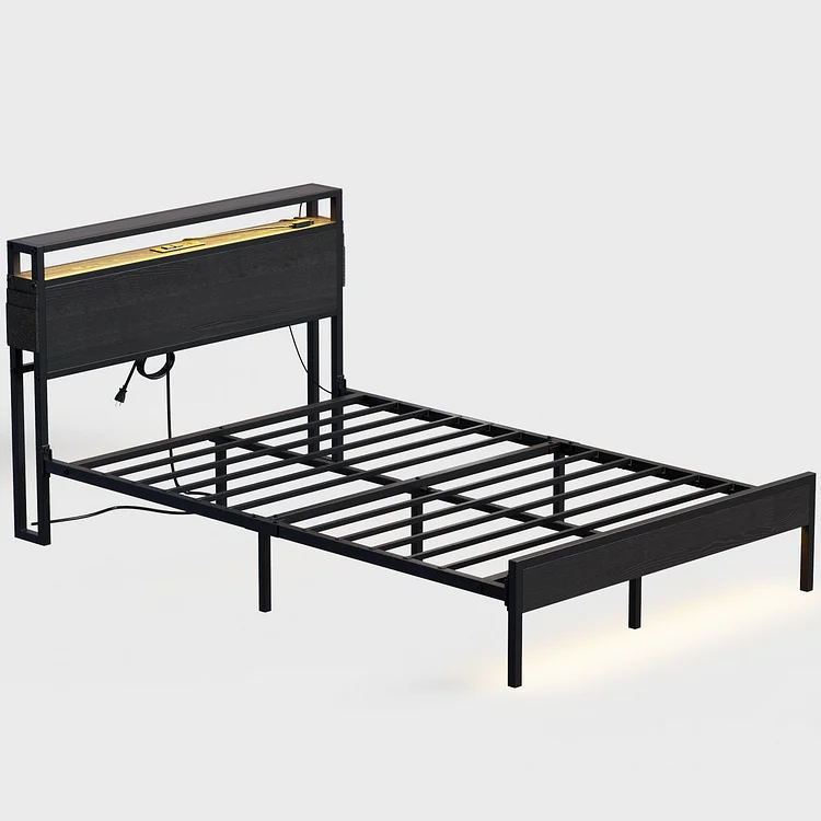 Bestier Queen Size Bed Frame Led Platform Bed with Storage Headboard Charging Station,Black