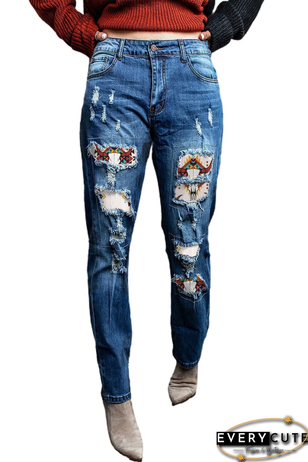 Western Pattern Patchwork High Rise Distressed Jeans