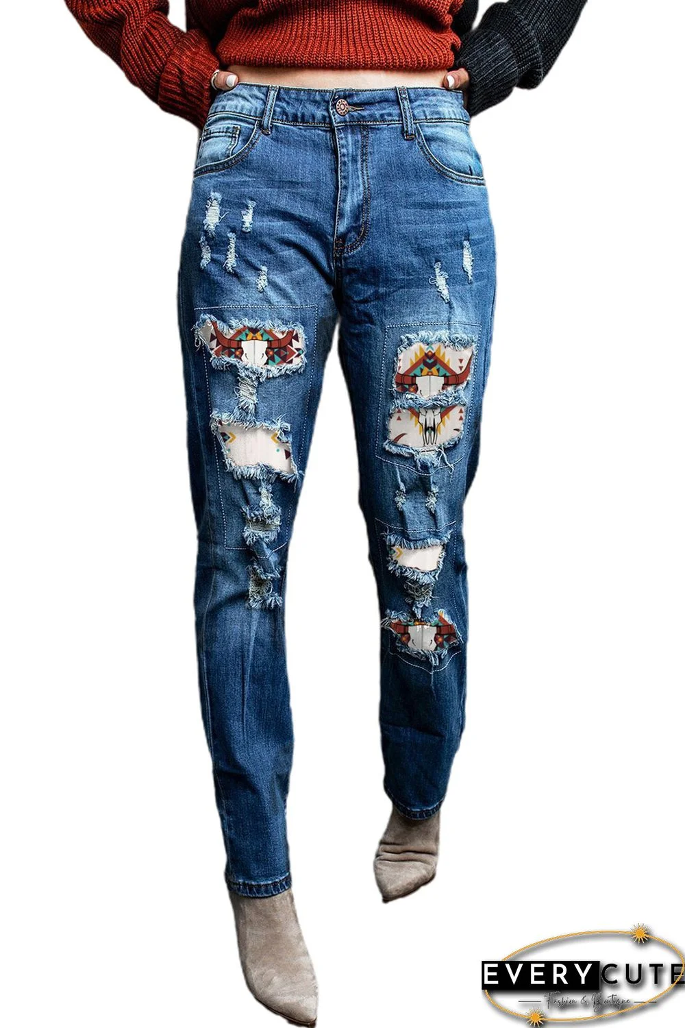 Western Pattern Patchwork High Rise Distressed Jeans