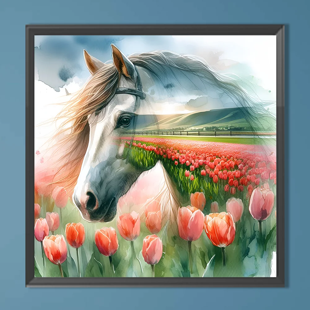 Diamond Painting - Full Round Drill - Tulip Horse Silhouettes(Canvas|30*30cm)