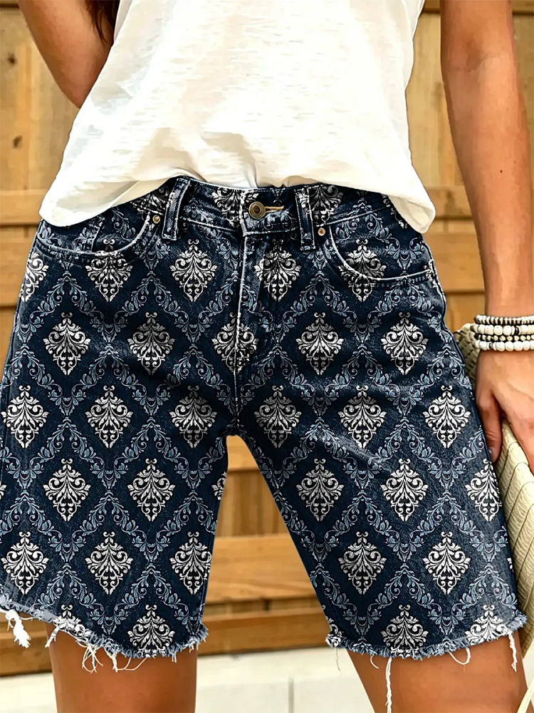 Ethnicity Geometry Rhombus Totem Women's Art Print Casual Denim Shorts