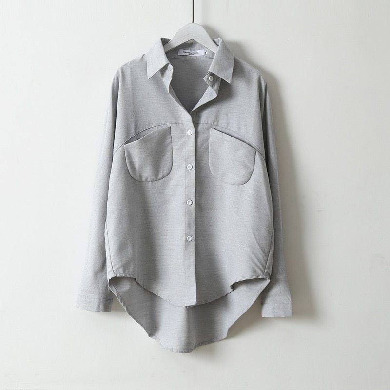 New Spring Turn-down Collar Solid Women Shirt Oversized Long Sleeve Women Blouses Casual Pockets Female Shirts Tops Blusas 6658