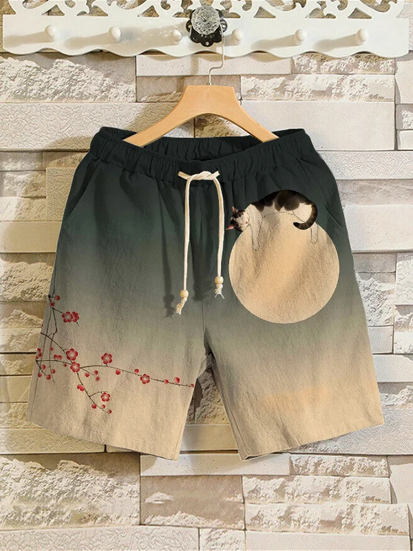 Men's Cat Sleeping On Moon Night Cherry Blossom Japanese Art Painting Print Shorts