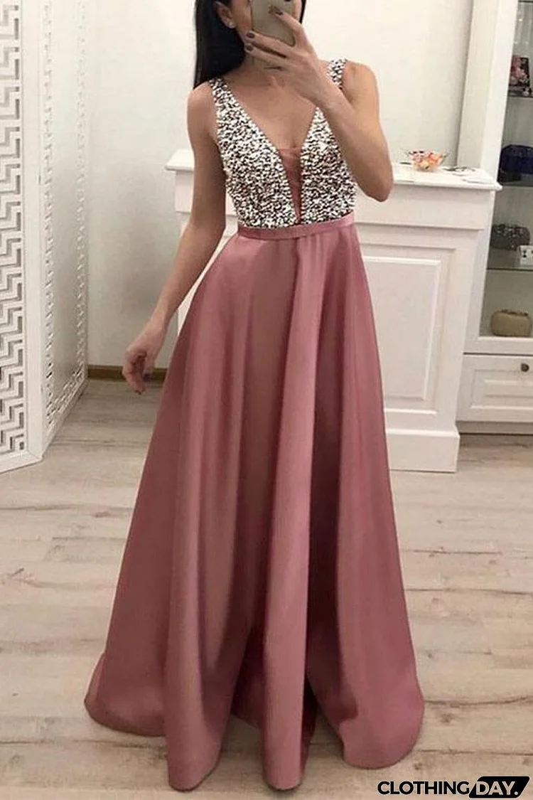 Sexy Formal Solid Sequins Zipper V Neck Evening Dress Dresses