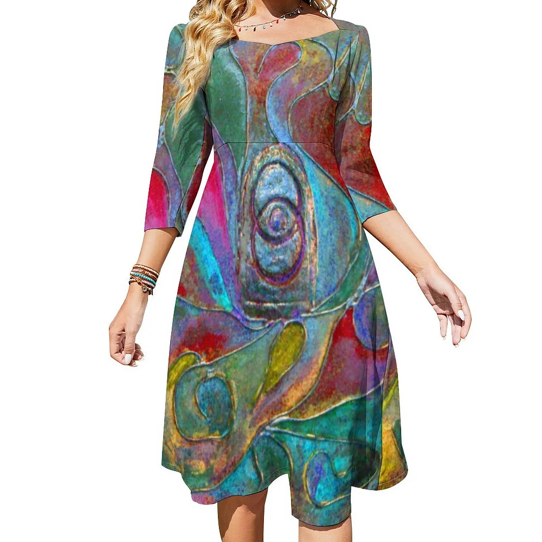 The Celest Guardian From Unseen By Paul Buica Dress Sweetheart Tie Back Flared 3/4 Sleeve Midi Dresses