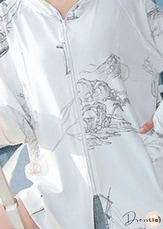 Style White Zip Up Pockets Print Patchwork Ice Silk UPF 50+ Coat Summer