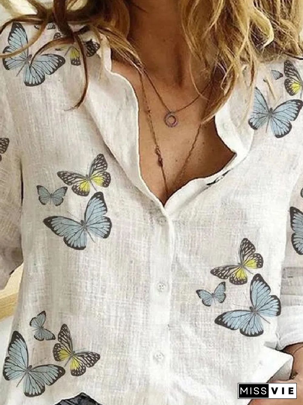 Ladies Butterfly Print Cotton Long Sleeve Blouse