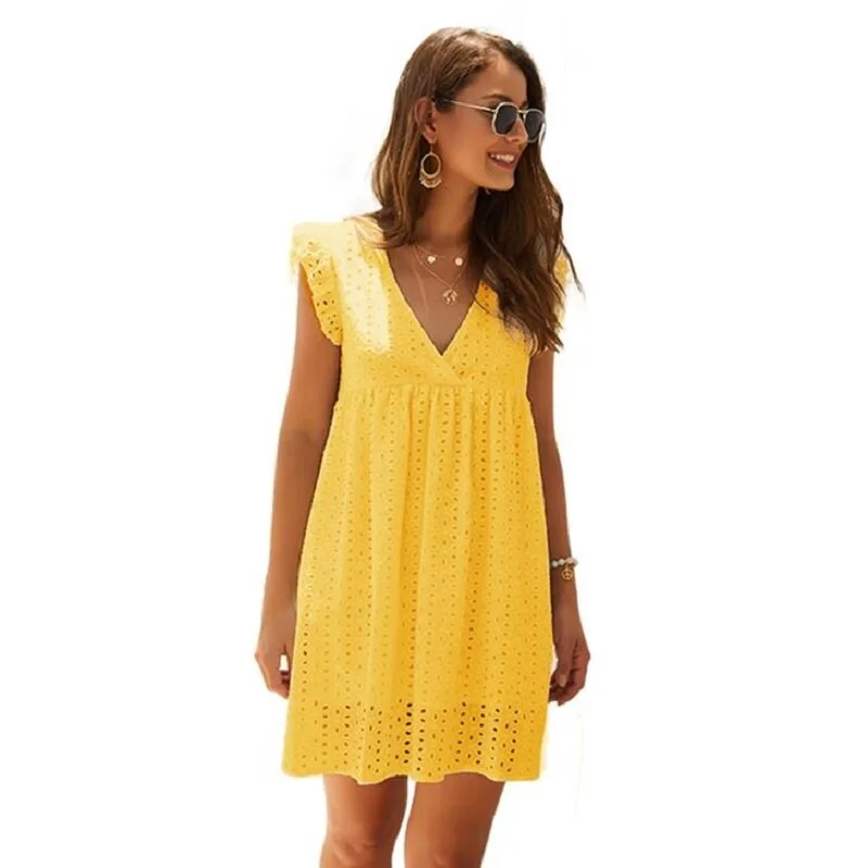 New Solid Hollow Out Short Dress Women New Sexy V Neck Butterfly Sleeve Hollow Lace Dress Casual Loose Summer Women A-Line Dress