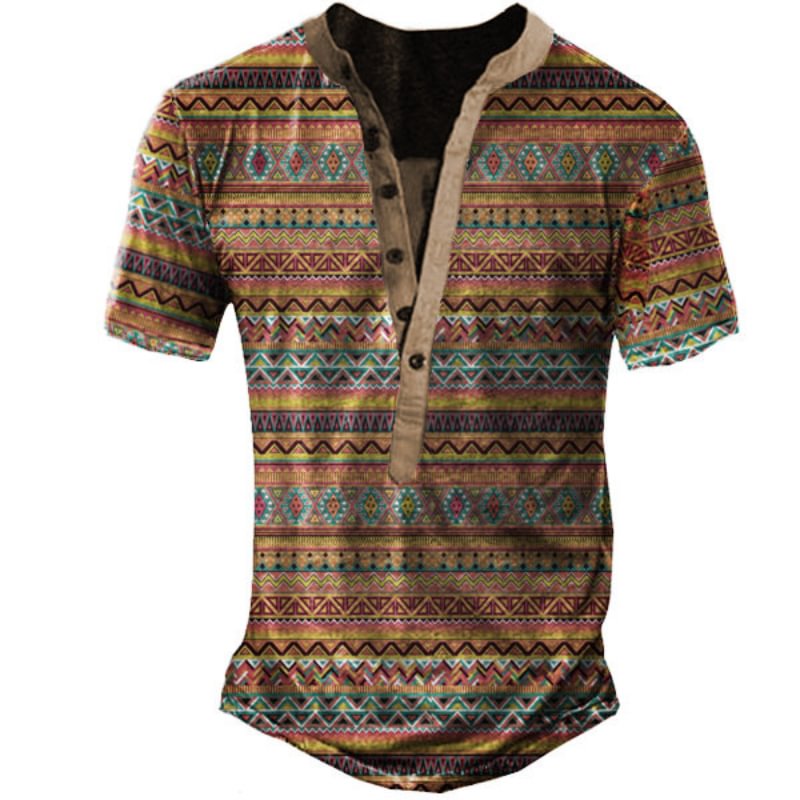 Men's Casual Aztec Full Shop Print Henley T-shirt