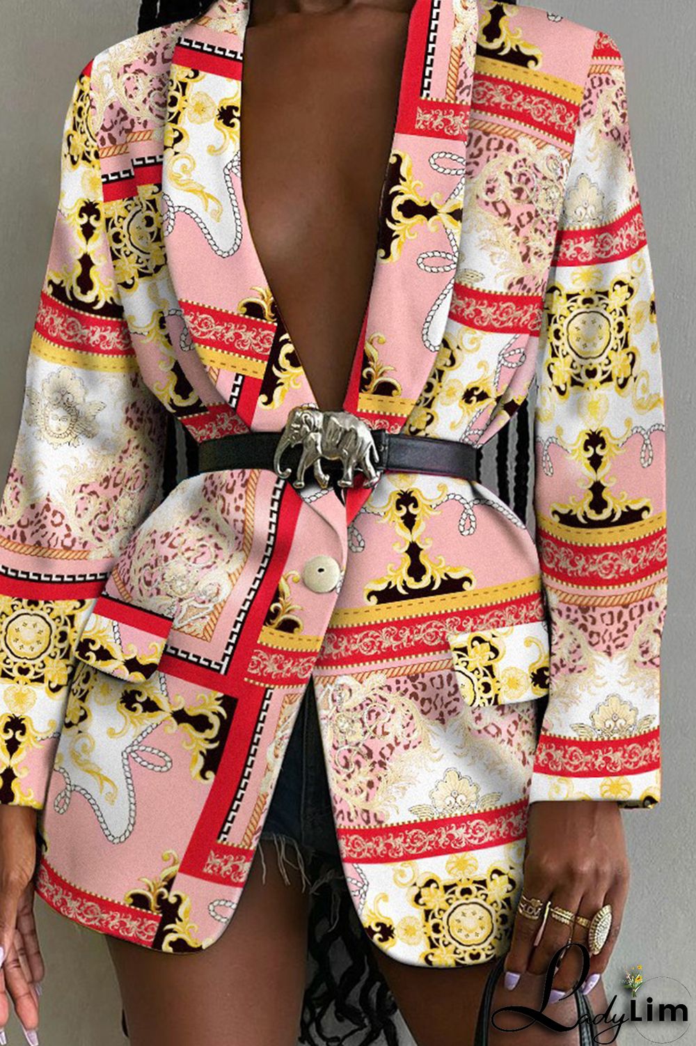 Multicolor Fashion Casual Print Patchwork Turn-back Collar Outerwear (Without Belt)