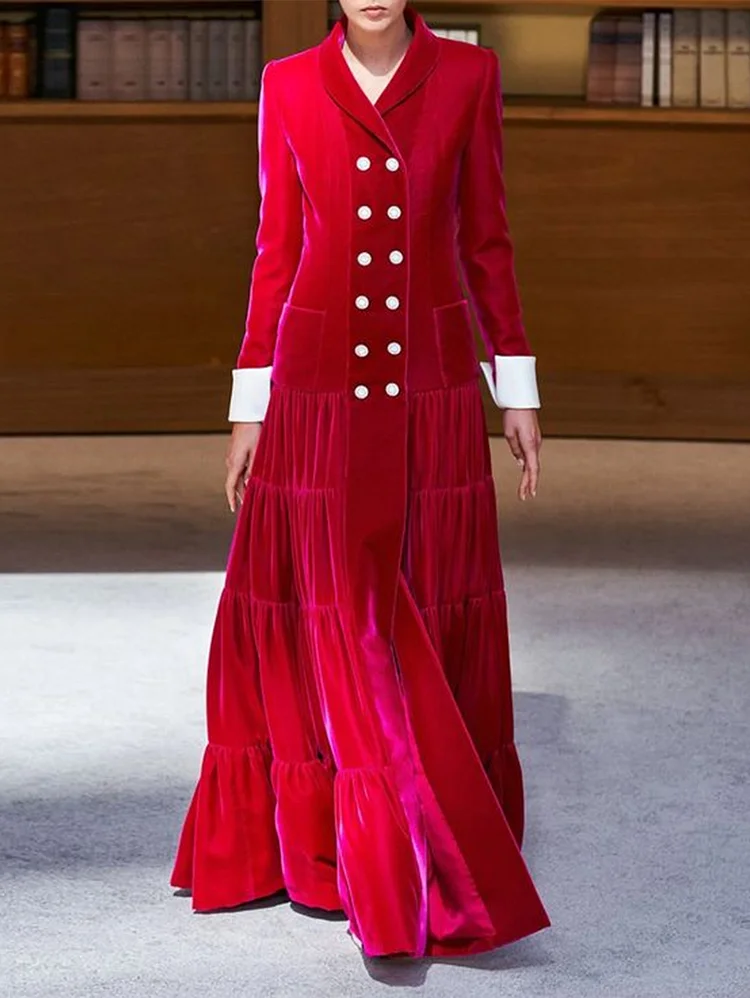 Daily Lapel Collar Long Sleeve Double Breasted Velvet Maxi Dress