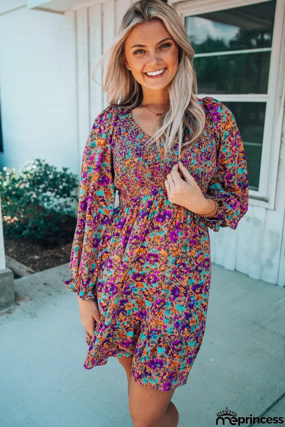 Smocked V Neck Puffy Sleeve Floral Dress