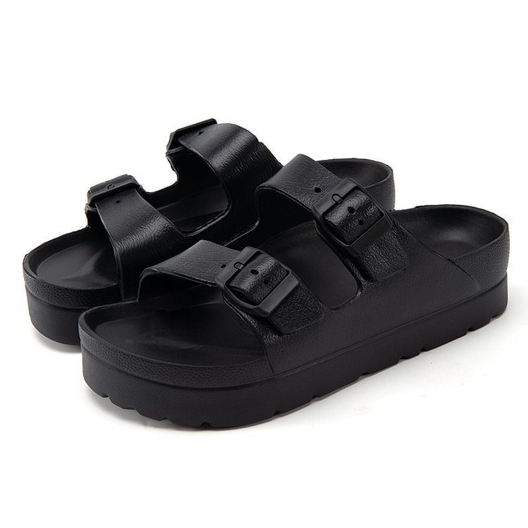 Casual Black Round Head Thick Bottom Double Buckle Slippers
