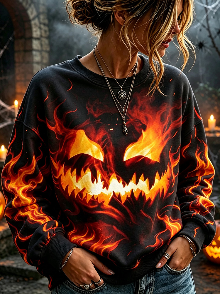 Comstylish Women's Spooky Flaming Pumpkin Lantern Halloween Crew Neck Sweatshirt