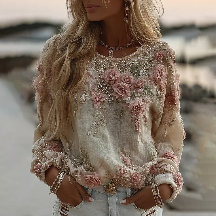 Women's Pink Rose Embroidery Long-sleeved Linen T-shirt