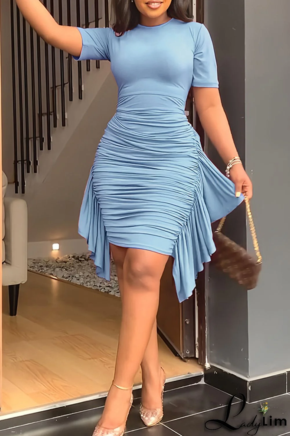 Pink Fashion Casual Solid Patchwork Fold O Neck Short Sleeve Dress