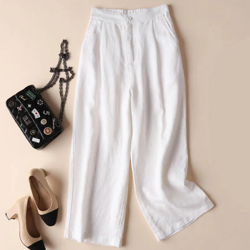 Uveng Uveng New Wide-Legged Trousers Women's Summer Nine-Point Trousers Straight Slacks Loose Large Cotton Trousers Women's Casual Pants