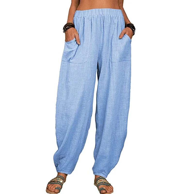 Pongl Vintage Boho Cotton Linen Pants for Women Summer Pockets Thin Beach Trousers Woman Casual High Waist Loose Harem Pants