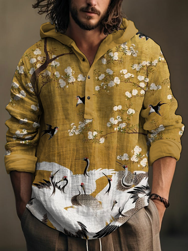Men's Japanese Crane Floral Art Linen Hooded Long Sleeve Shirt