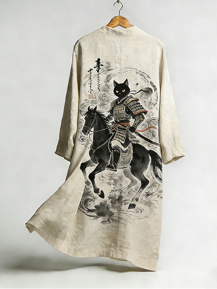 Battle Horse And Black Cat Fun Linen Flowing Kimono  artssus
