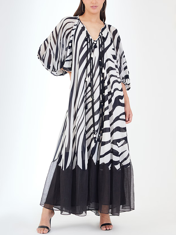 Animal Print Tassel Detail Half Sleeve Maxi Dress