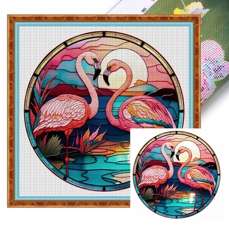 Glass Art- Flamingo 18CT Stamped Cross Stitch 20*20CM