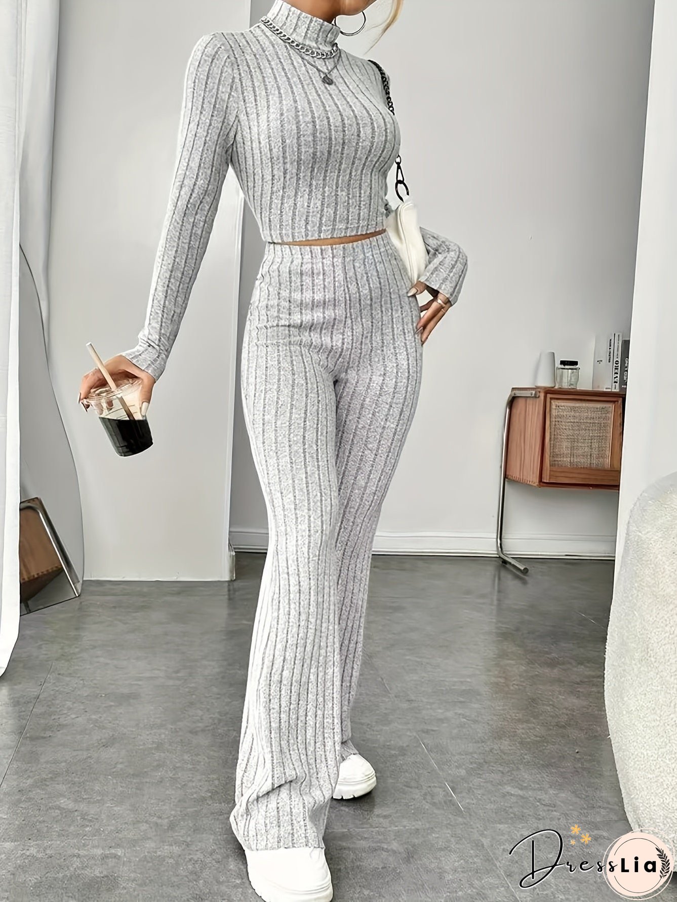 Solid Ribbed Two-piece Set Mock Neck Long Sleeve Tops Flared Leg Pants Outfits Womens