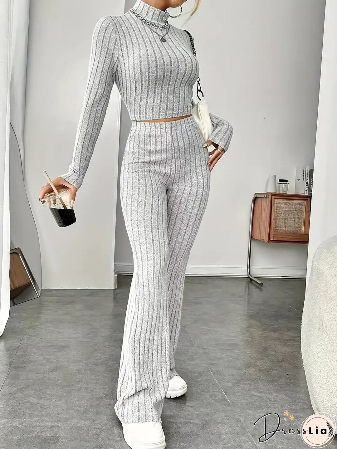 Solid Ribbed Two-piece Set Mock Neck Long Sleeve Tops Flared Leg Pants Outfits Womens