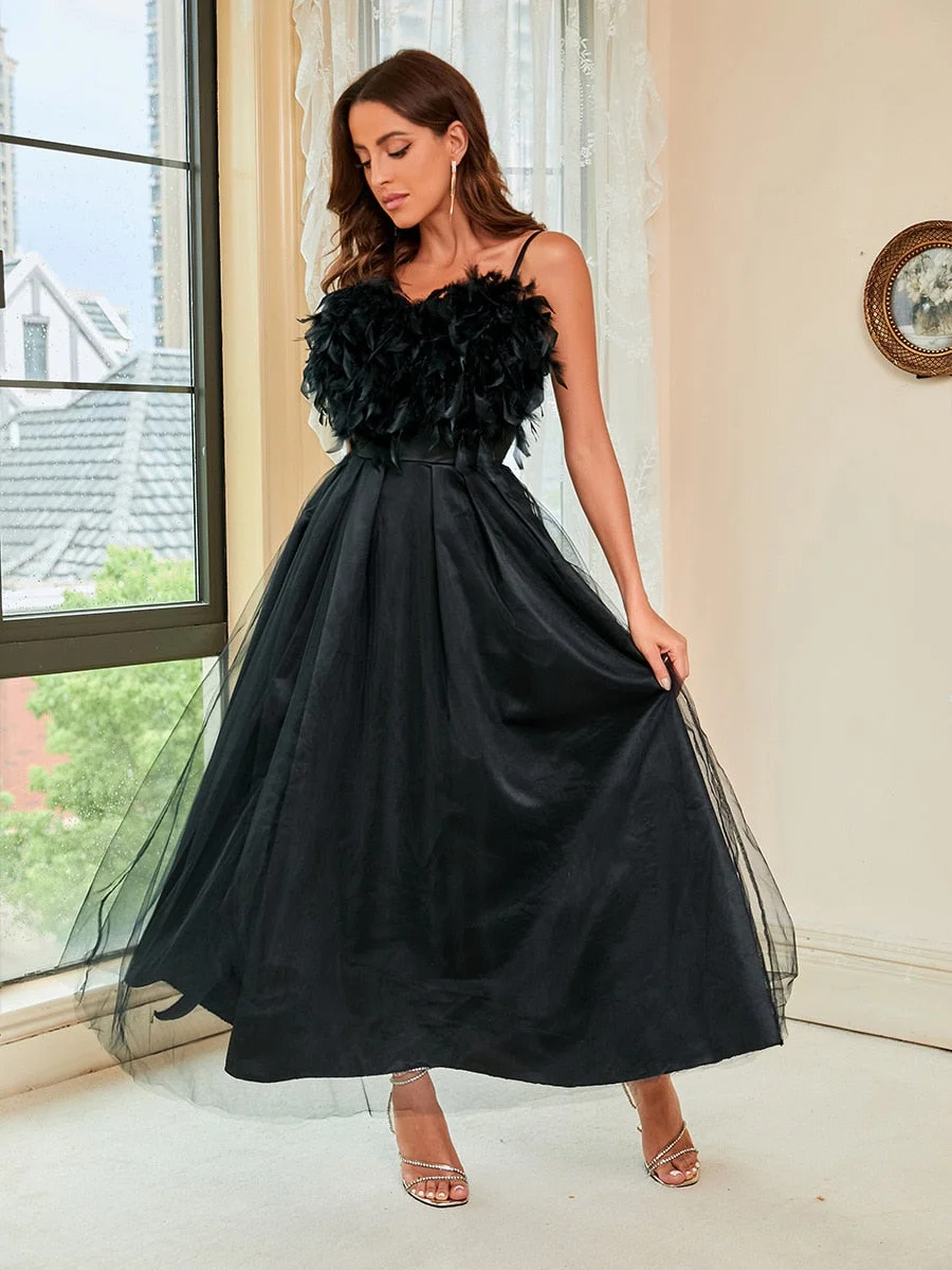 Wedding Guest  Summer Dress  Luxury Feather Black Evening Dresses Women Summer Elegant Mesh Spaghetti Sleeveless A Line Lady Club Birthday Party Dress