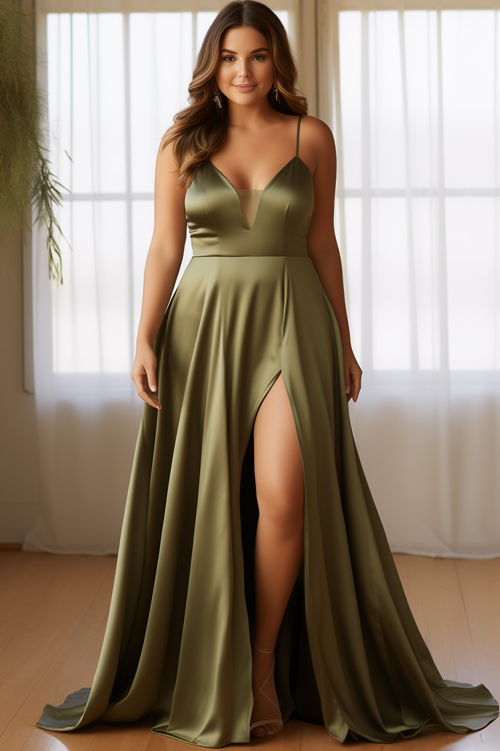 Flycurvy Plus Size Prom Olive Green Satin Deep V Neck Slit Cami Maxi Dress