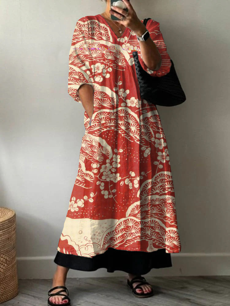 Vintage Plum Art Print V Neck Pocket Dress