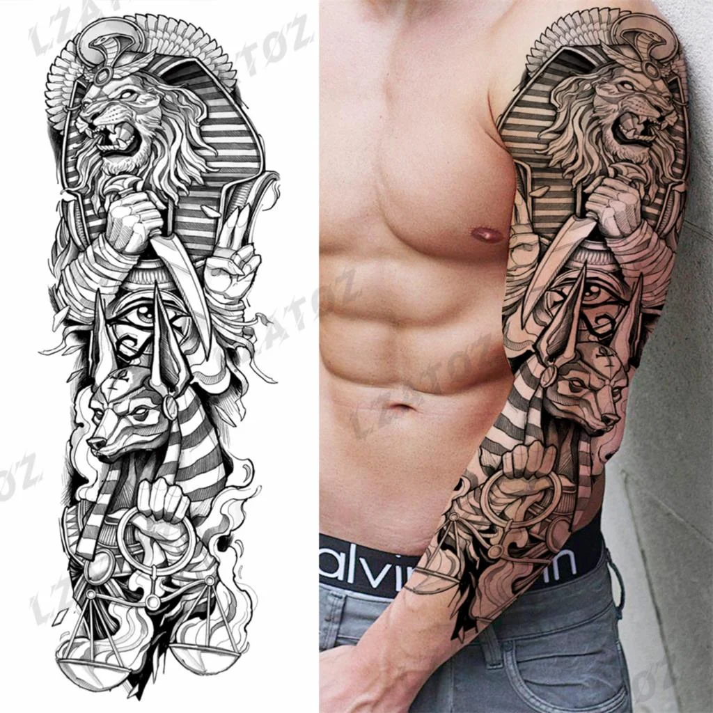 Sdrawing Sleeve Temporary Tattoos For Men Women Realistic Pirate Ship Wolf Tiger Skull Rose Flower Fake Tattoo Sticker Arm Tatoos