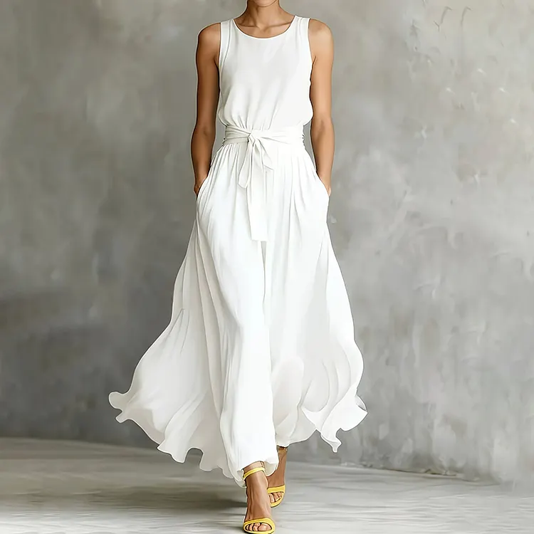 Elegant Loose Waisted Lace-up Long Hem Dress