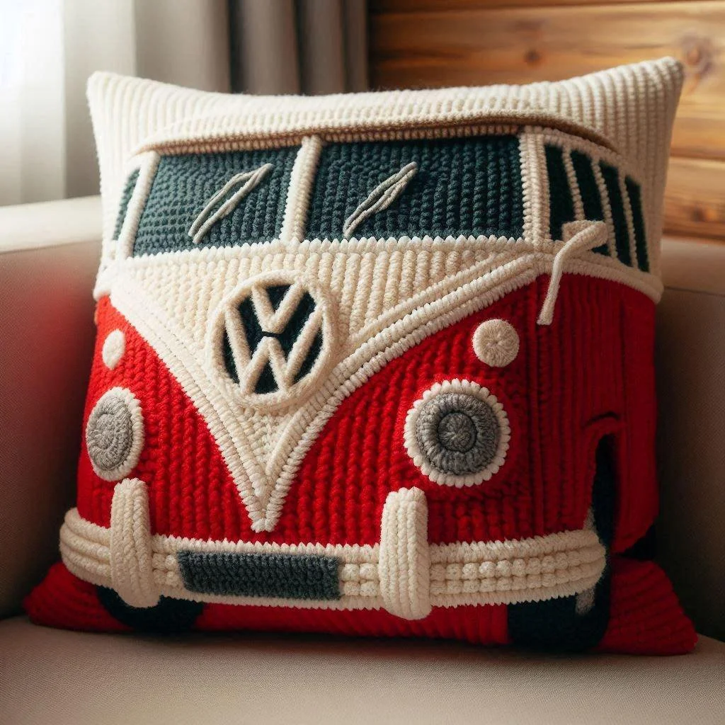 Classic Bus Shape Crochet Pillow Cover 