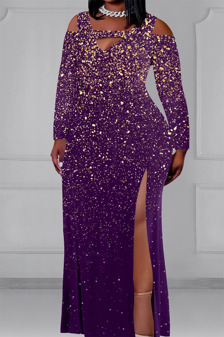 Xpluswear Plus Size Purple Hollow Out Shiny High Split Long Sleeve Maxi Dresses