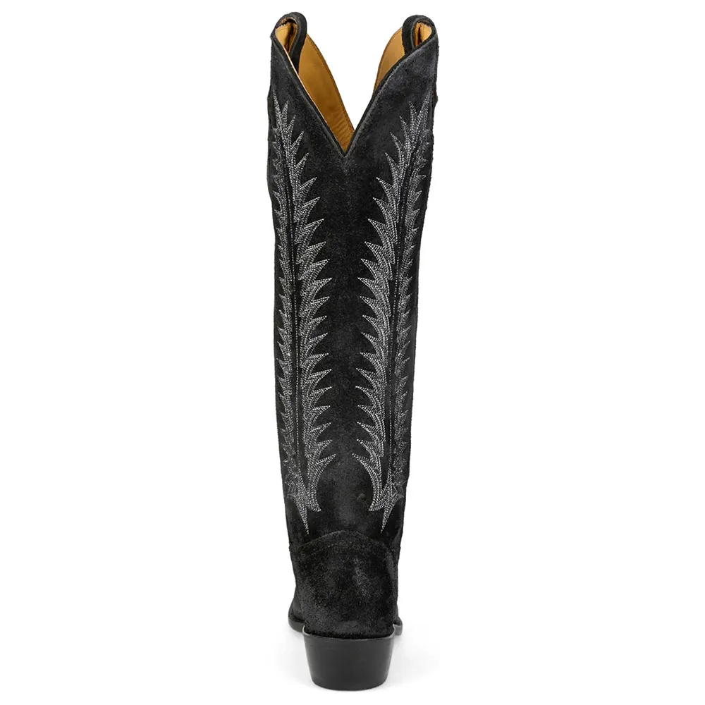 Black Snip Toe Chunky Heel Cowgirl Tall Boots with Embroidery