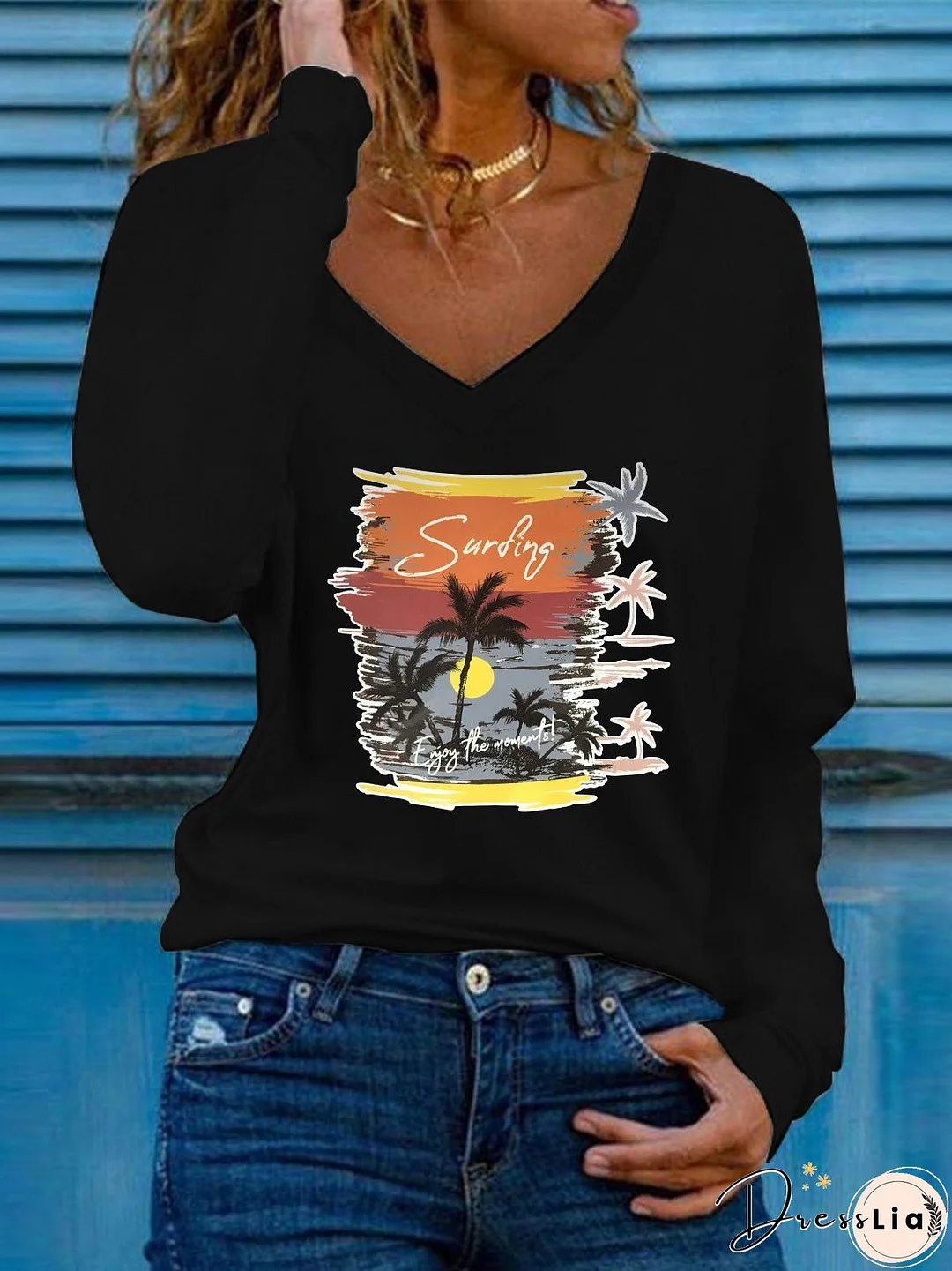 Coconut Print V-Neck Long Sleeve T-Shirt