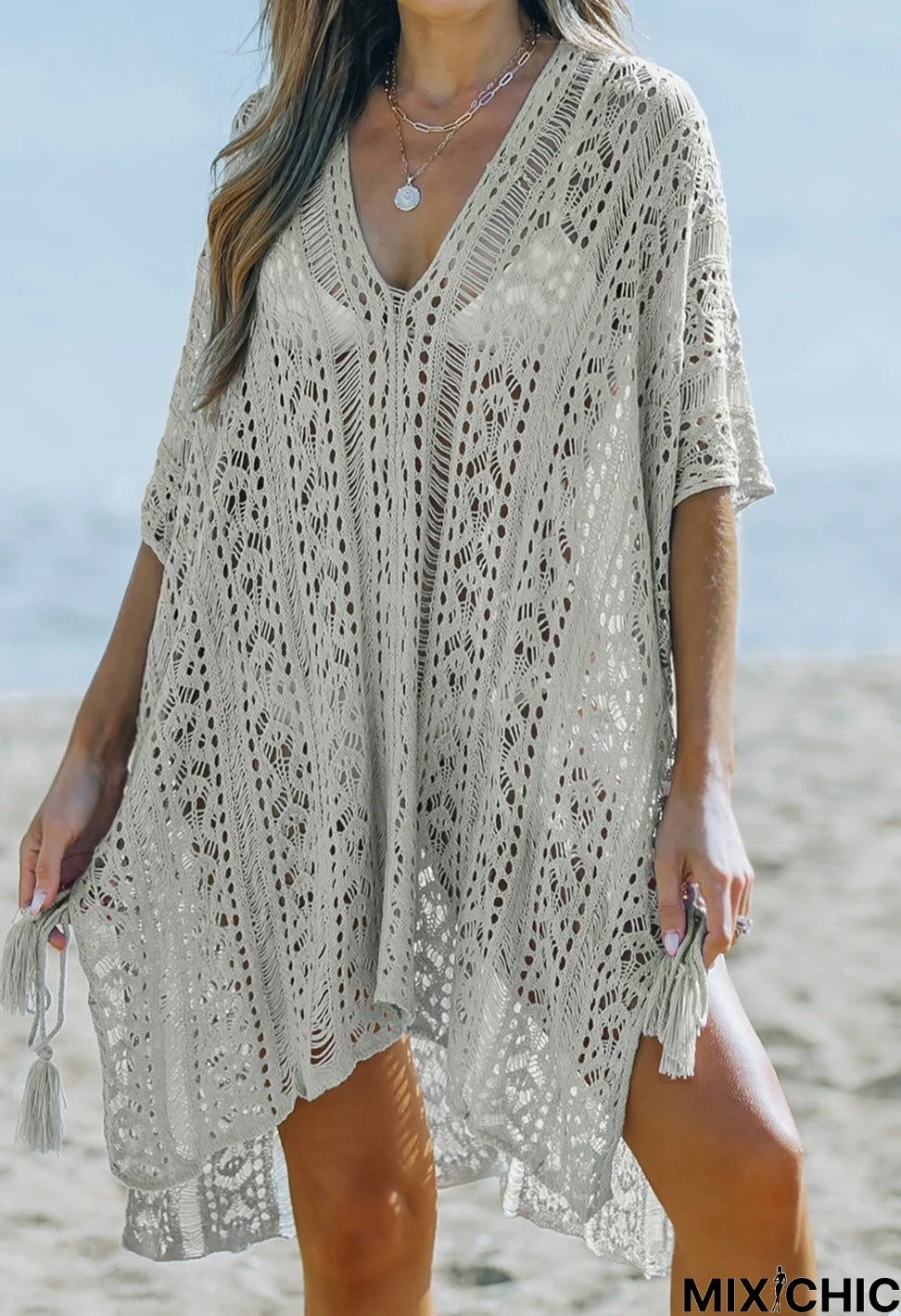 Openwork V-Neck Slit Cover Up