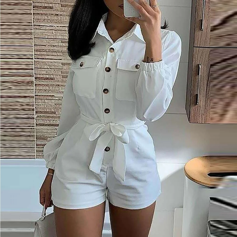 OLOMLB Women&#39;s Clothing Overalls Shorts White Belt Pock  Casual Female  Long Sleeve  Sports Overall  Plus Size Soild