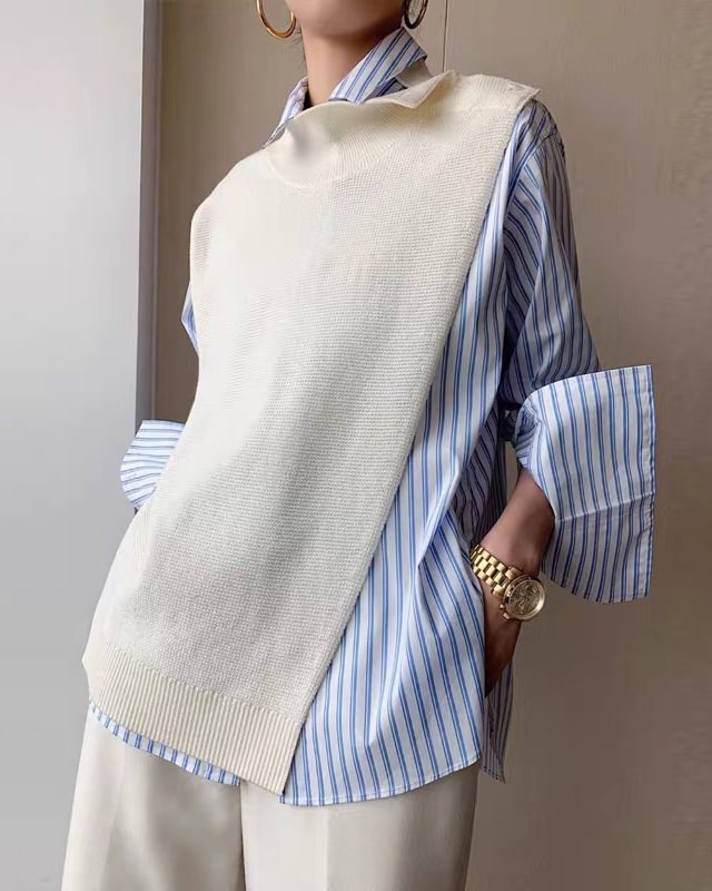 Casual Color Block Stripe Print Loose Woman Sweater Top