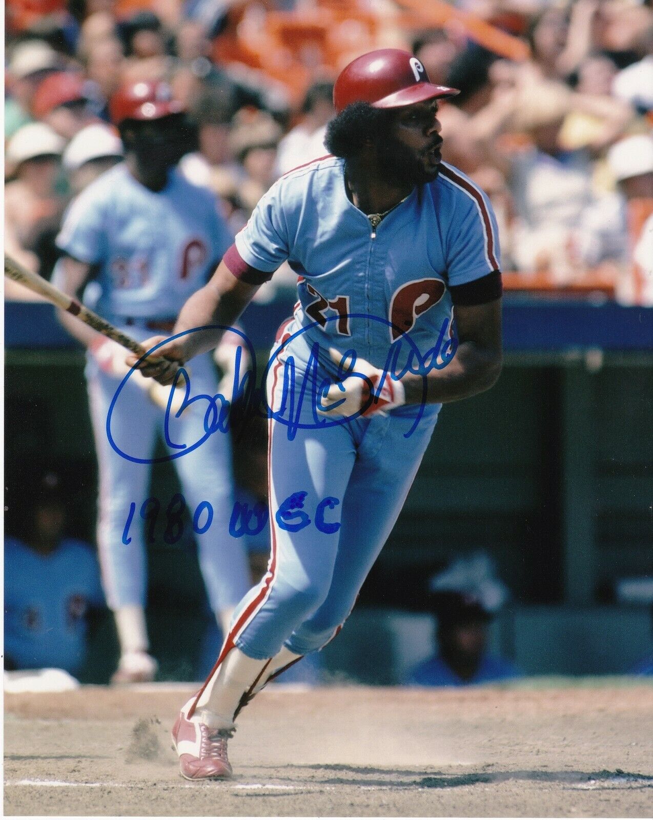 BAKE MCBRIDE PHILADELPHIA PHILLIES 1980 WS CHAMPS ACTION SIGNED 8x10