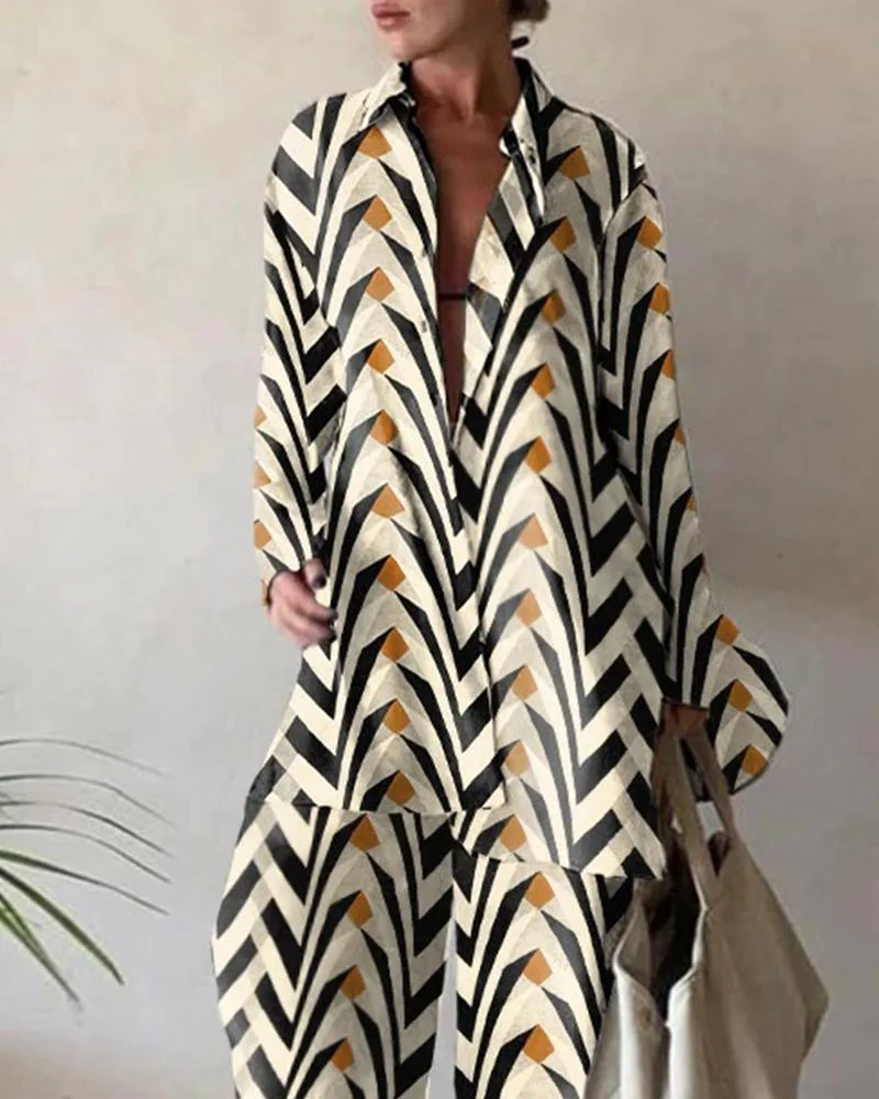 Printed Loose Long Sleeve Shirt + Straight Pants