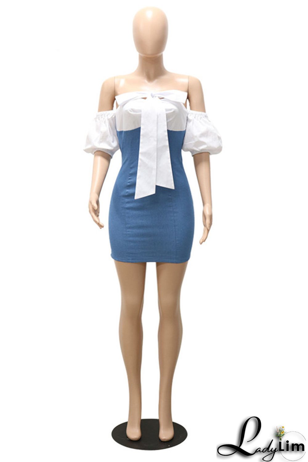 Blue Fashion Sexy Casual Solid Bandage Split Joint Backless Short Sleeve Dress