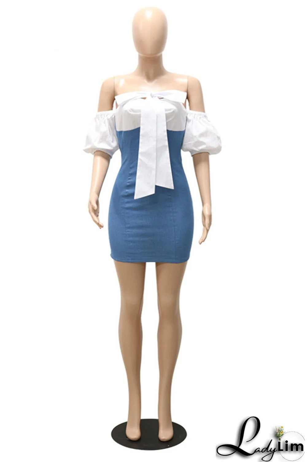 Blue Fashion Sexy Casual Solid Bandage Split Joint Backless Short Sleeve Dress