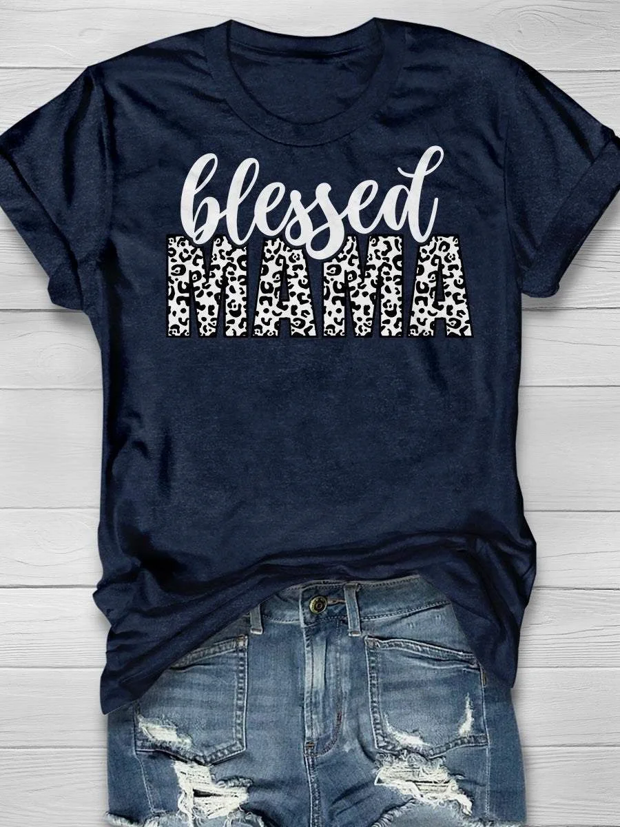 Blessed Mama Leopard Sunflower Print Short Sleeve T-shirt